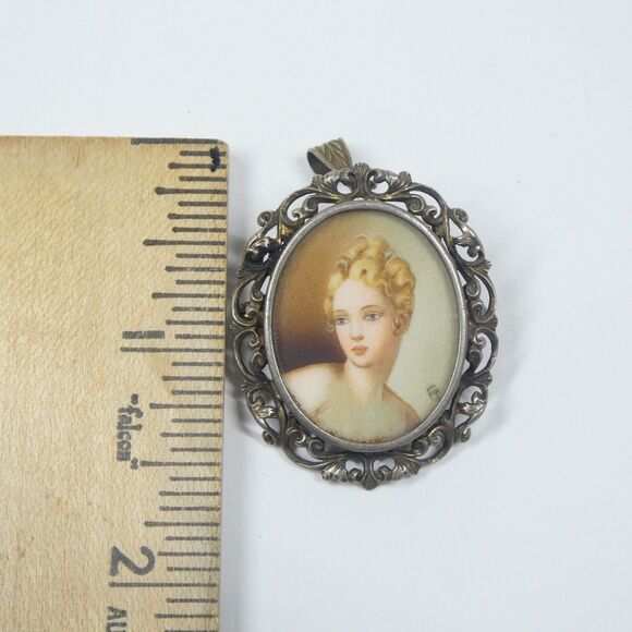 Antique Miniature Portrait Pendant 800 Silver Frame 1.5" - Picture 4 of 13